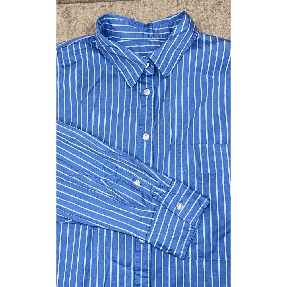 A New Day Women’s XL Blue White Striped Woven Cotton Blend Long Sleeve Button Up